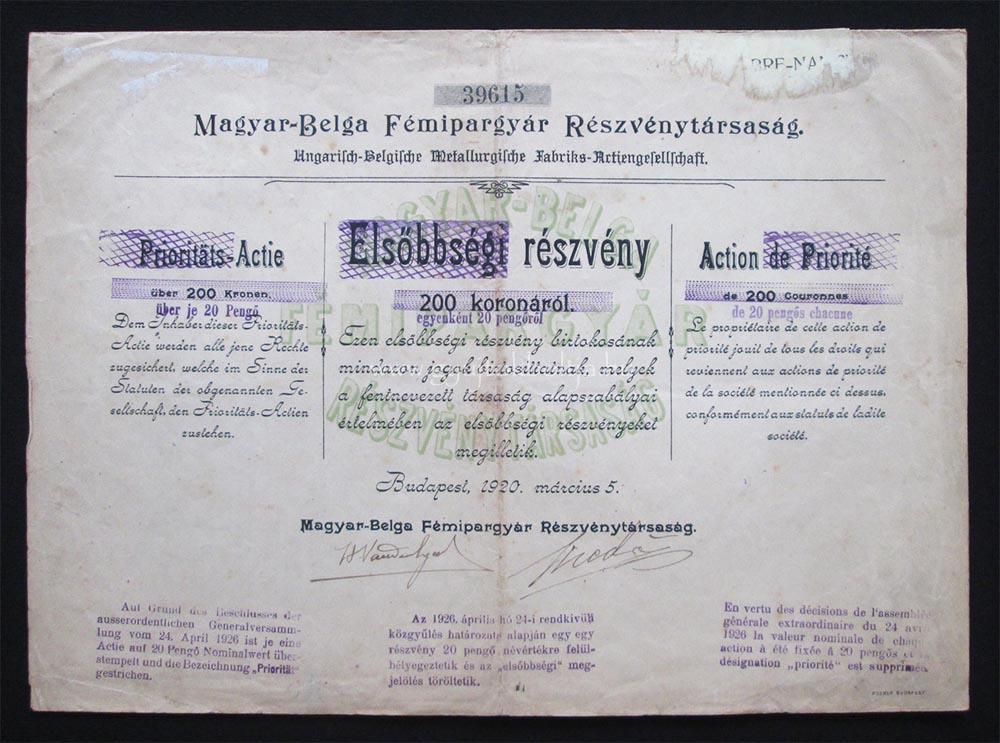 Magyar-Belga Fmipargyr elsbbsgi rszvny 200 korona 1920